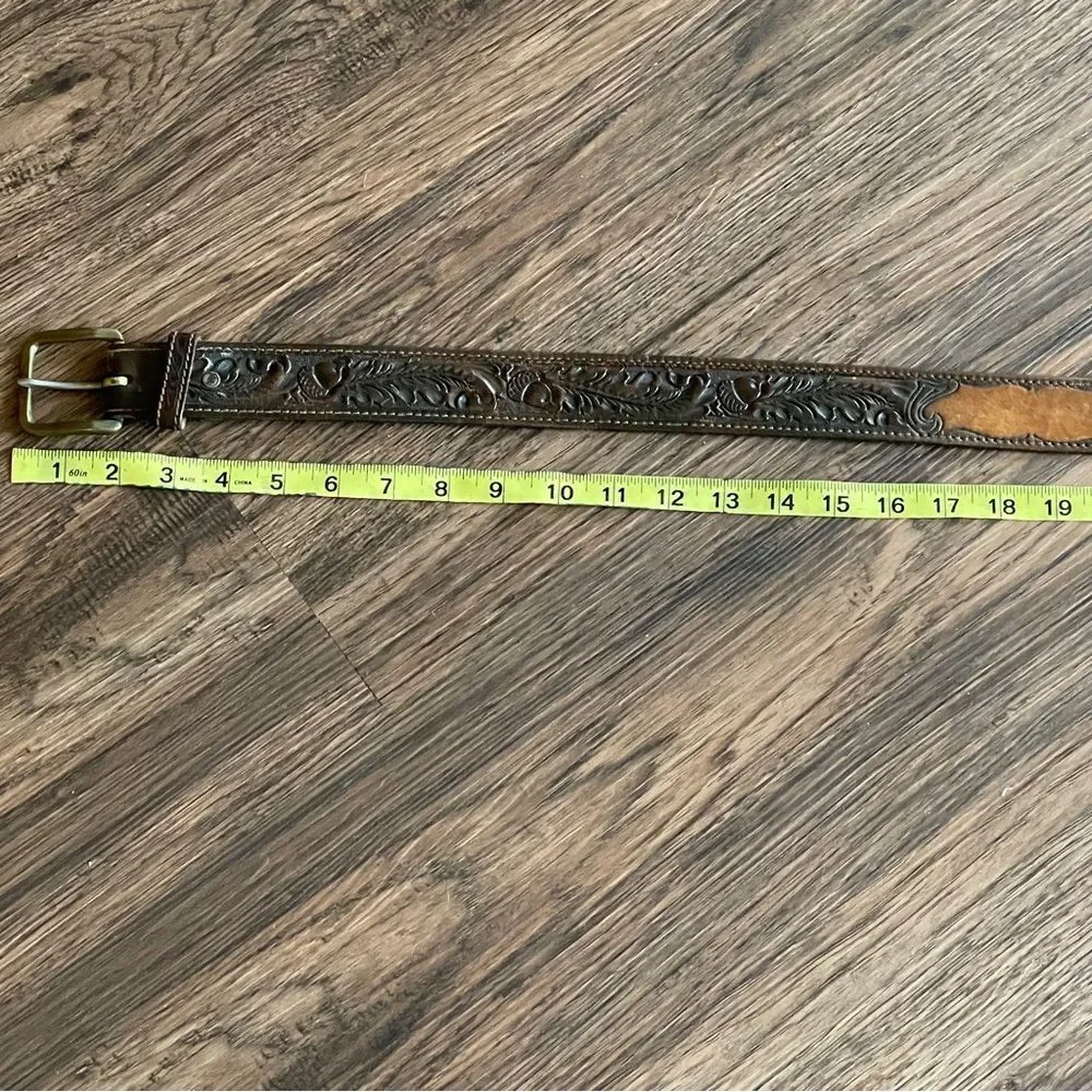 Vintage Chambers Embossed Leather Belt With Acorns and Leaves Brown Tan